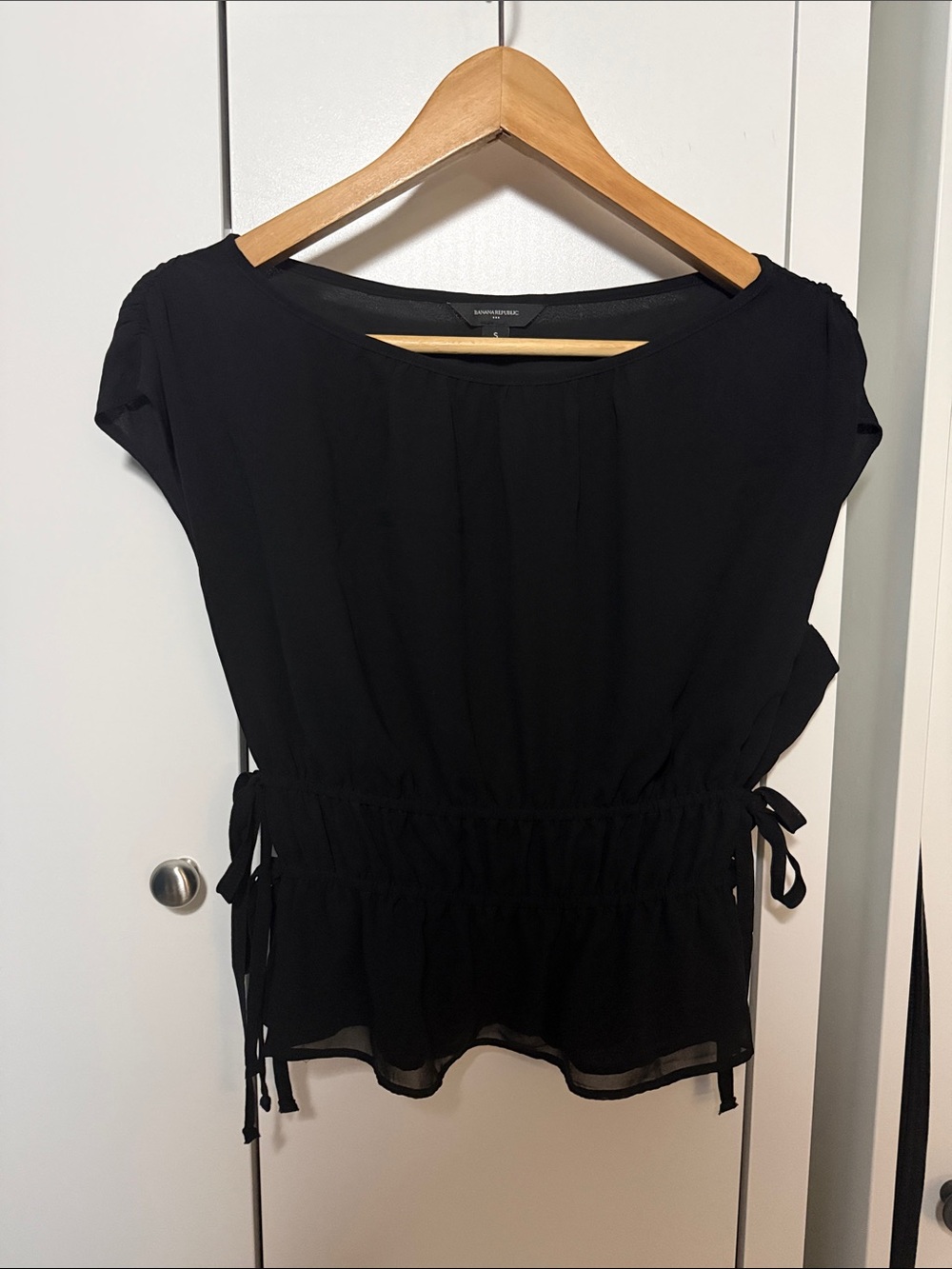 Banana Republic Black Short-Sleeve Peplum Blouse with Drawstring Waist